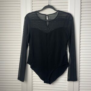 863. Mark Sexy Black Mesh Long Sleeve Bodysuit Sheer Illusion Sweetheart Neck